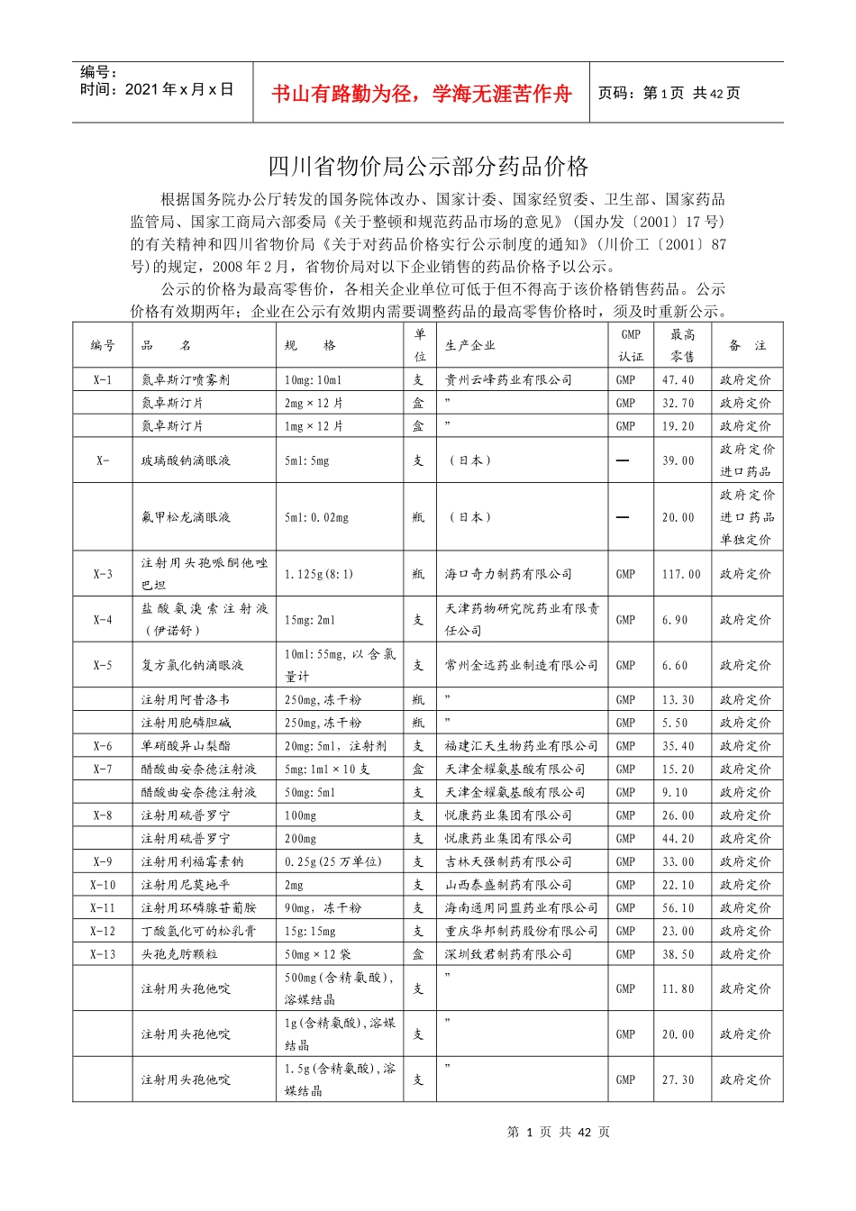 四川省物价局公示部分药品价格_第1页