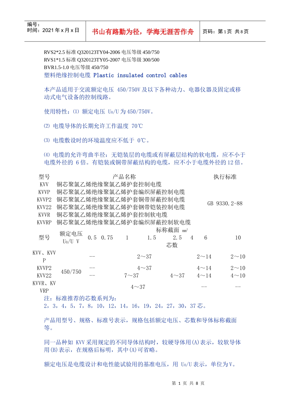 塑料绝缘控制电缆Plasticinsulatedcont_第1页