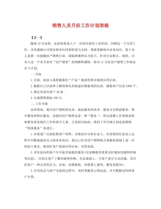 销售人员月份工作计划表格 