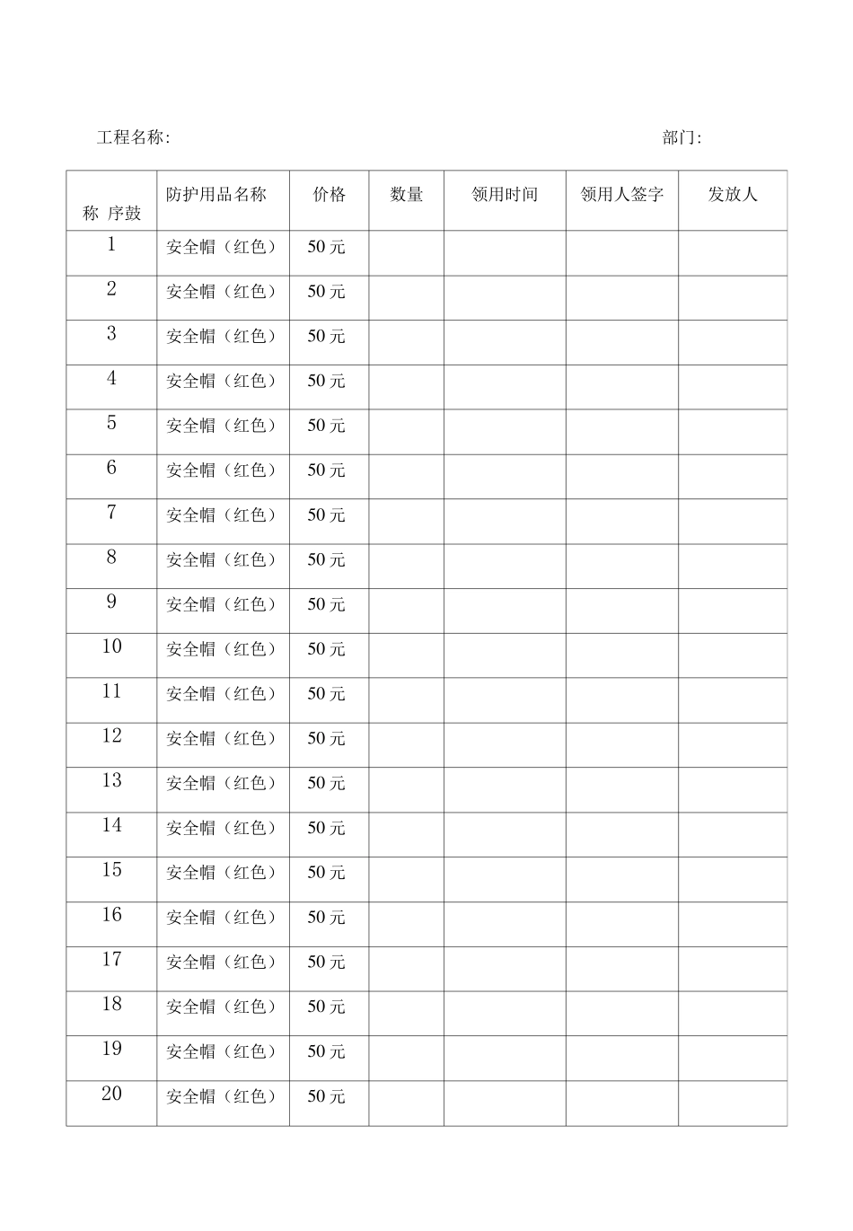 安全防护用品领用登记表_第1页
