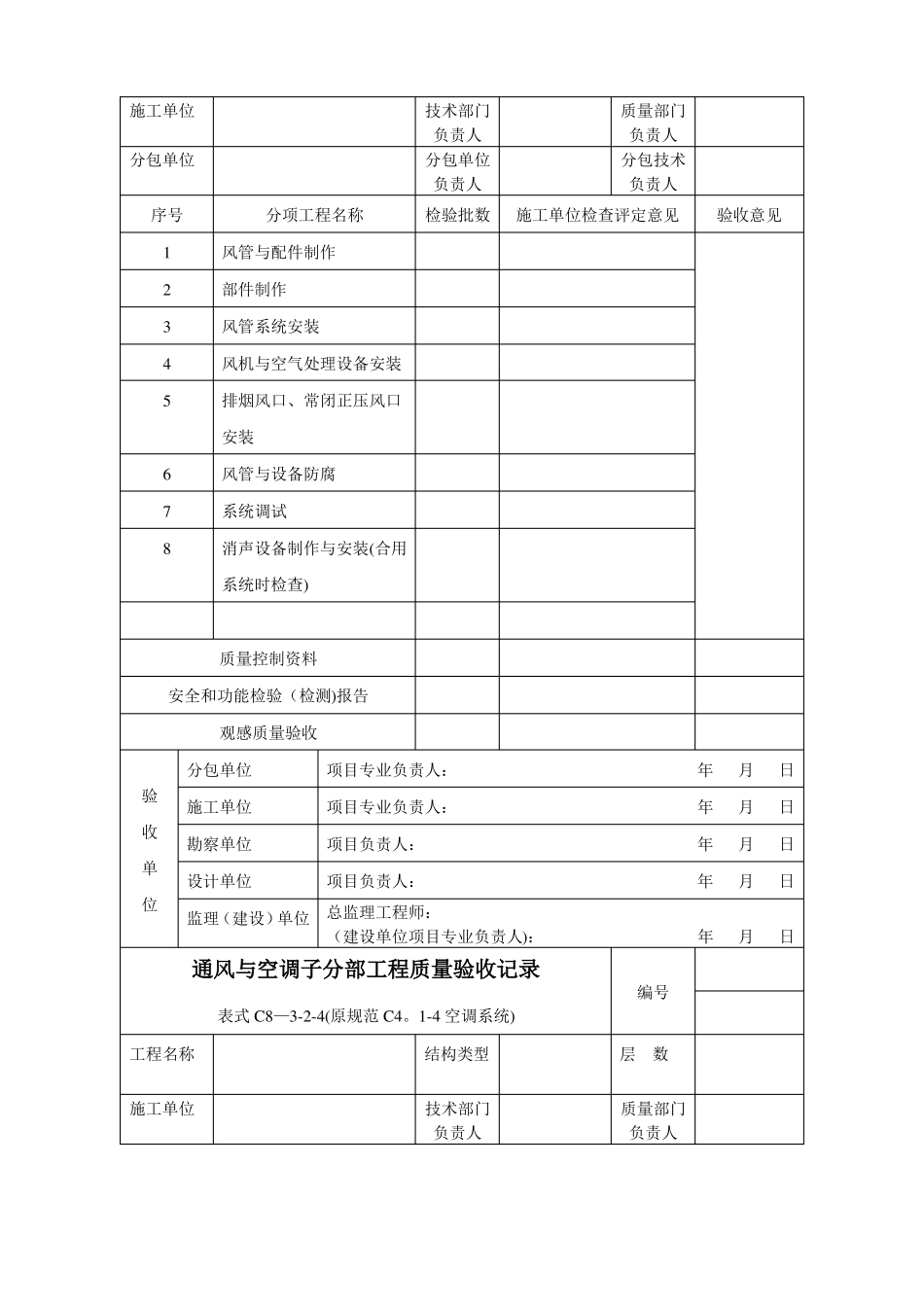 通风与空调子分部工程质量验收记录整套_第2页
