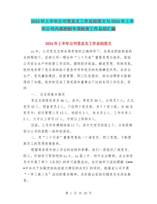 2024年上半年公司党总支工作总结范文与2024年上半年公司内部控制专项检查工作总结汇编
