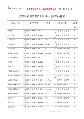 安徽新和成皖南药业有限公司药品品种表