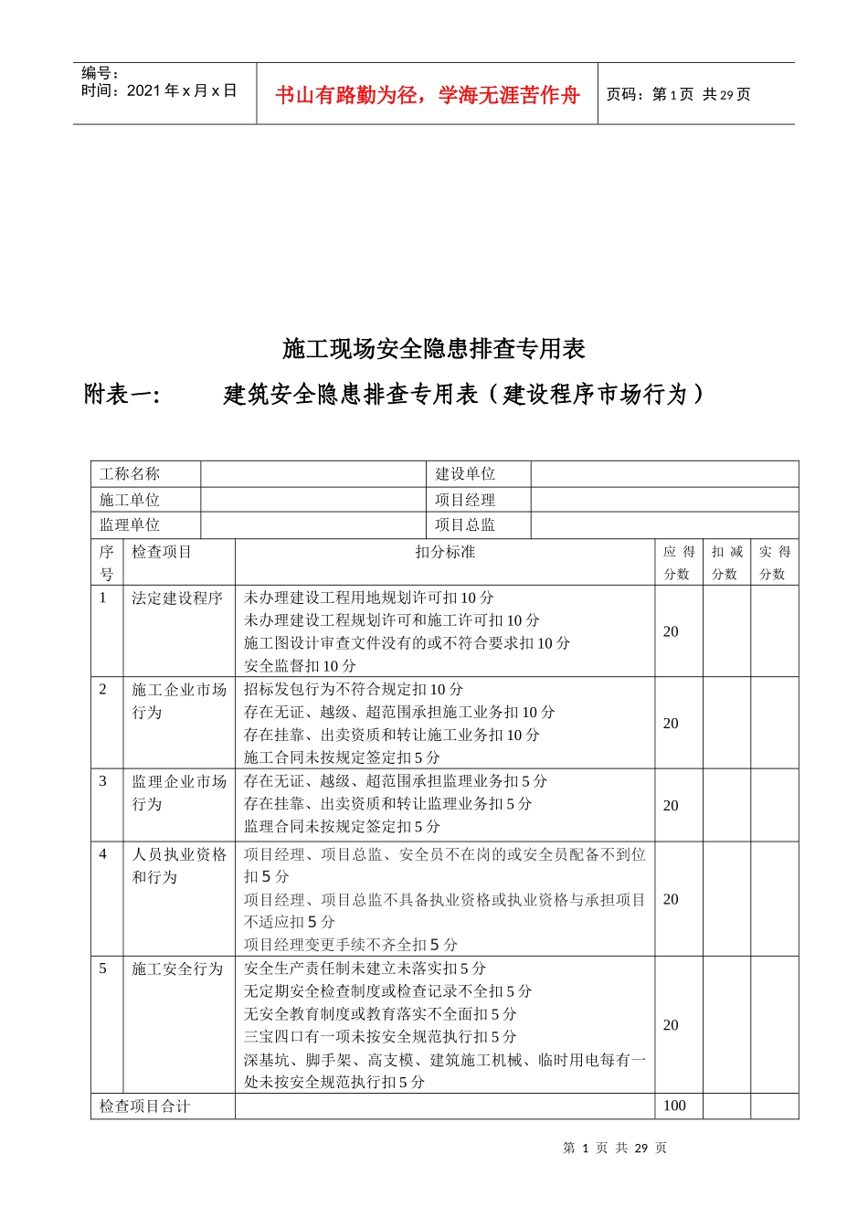 工程施工现场安全隐患排查专用表_第1页