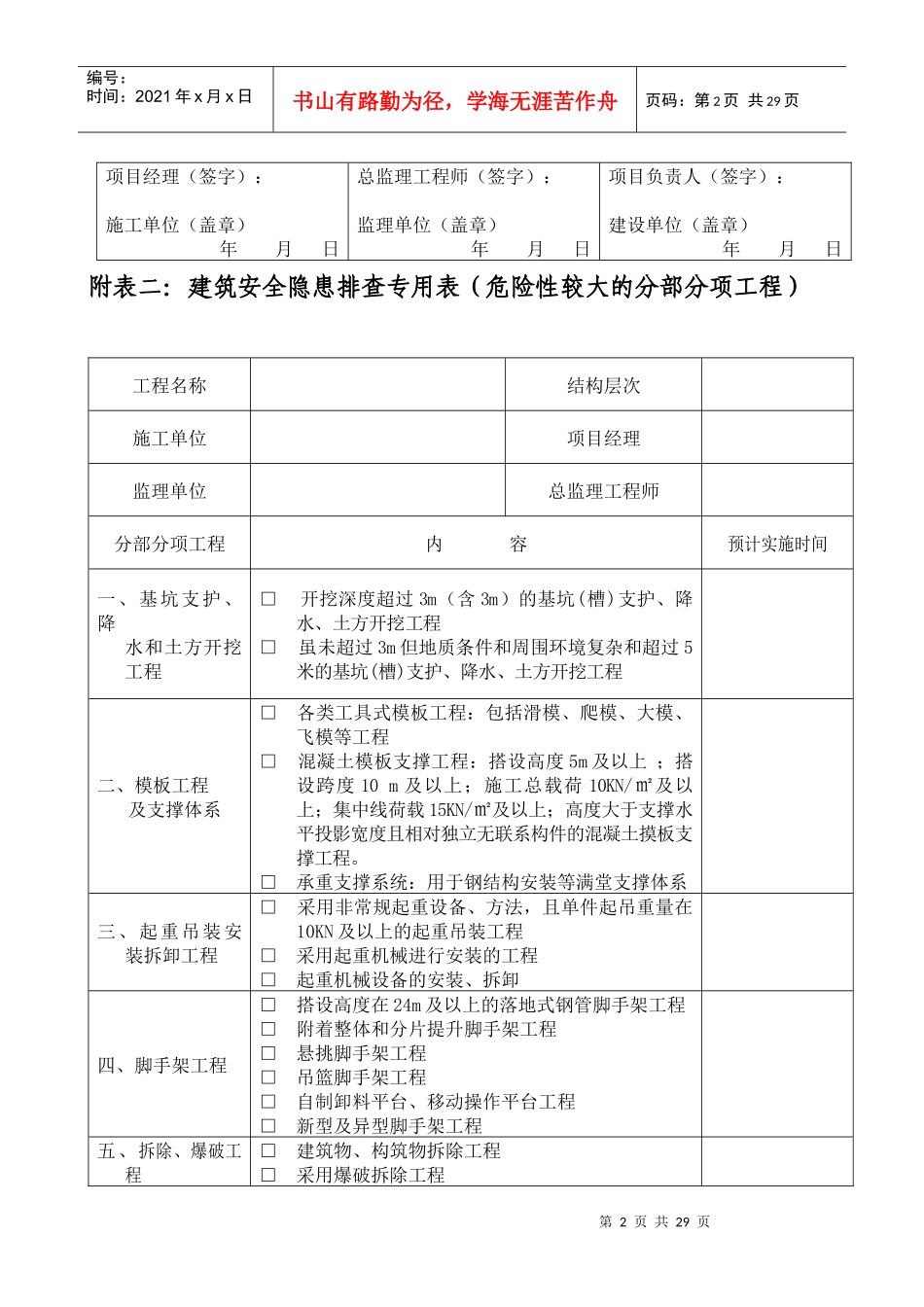 工程施工现场安全隐患排查专用表_第2页