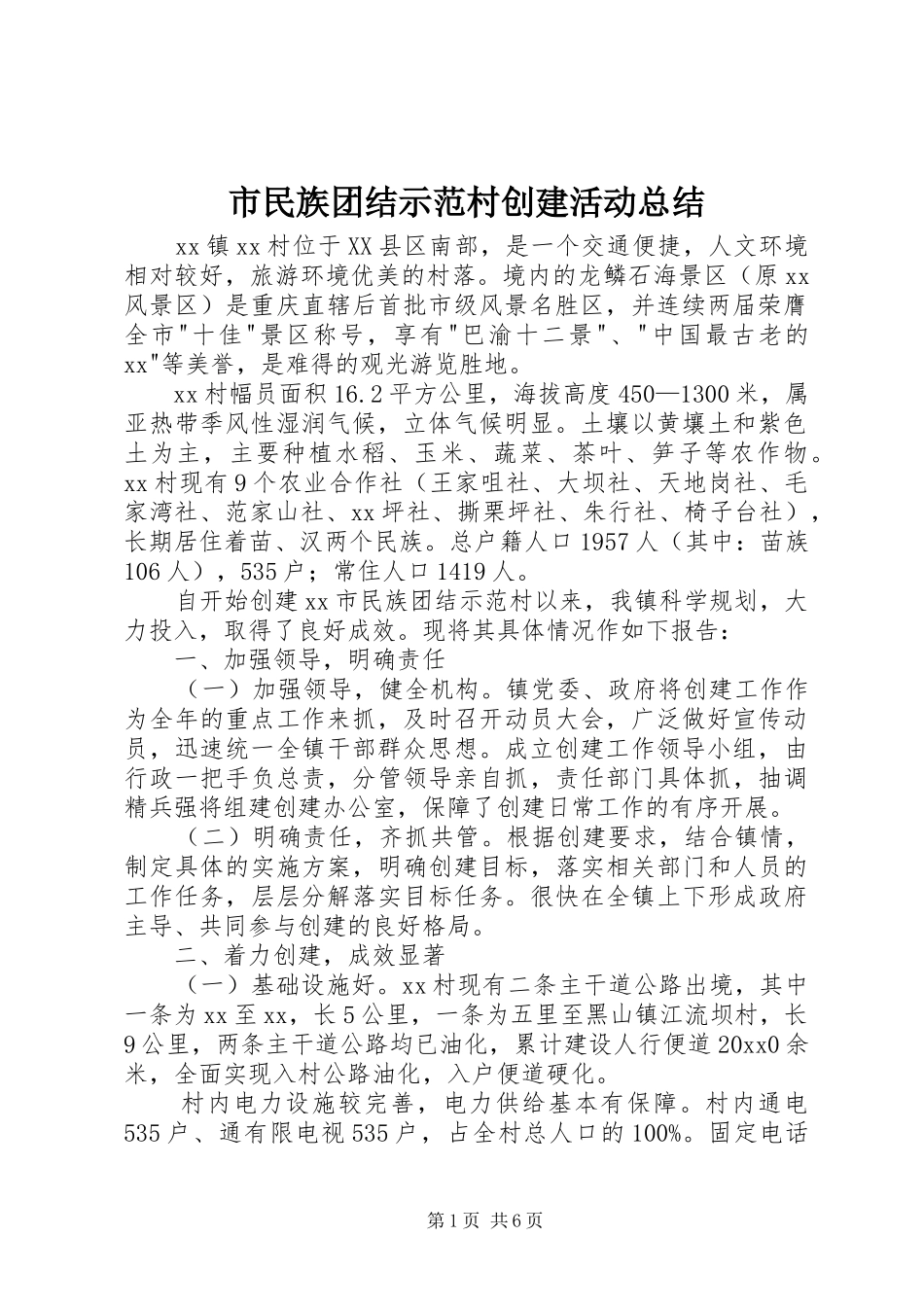 市民族团结示范村创建活动总结_第1页