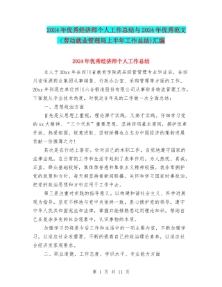 2024年优秀经济师个人工作总结与2024年优秀范文汇编