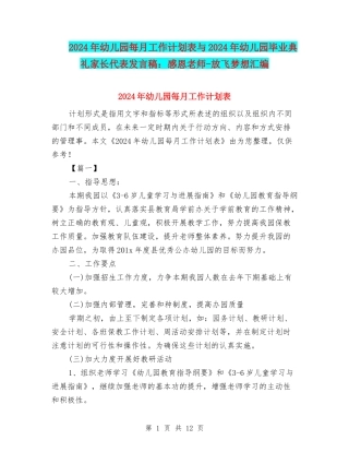 2024年幼儿园每月工作计划表与2024年幼儿园毕业典礼家长代表发言稿：感恩老师-放飞梦想汇编