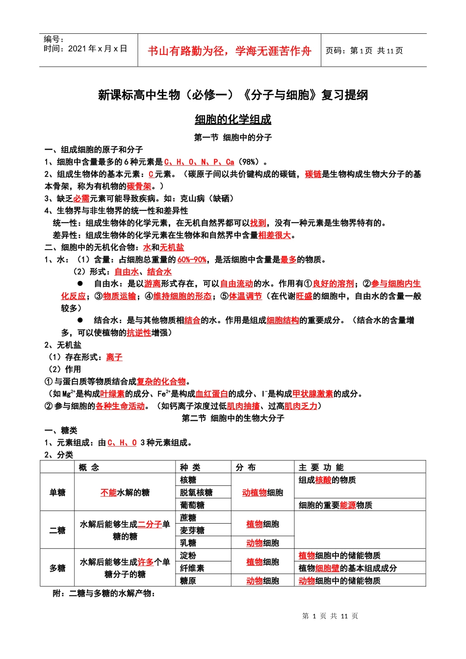新课标高中生物(必修一)《分子与细胞》复习提纲_第1页