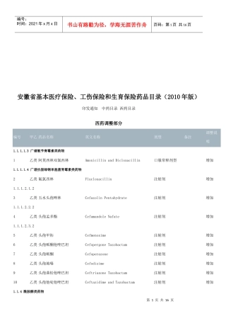 安徽省医疗保险、工伤保险与生育保险药品