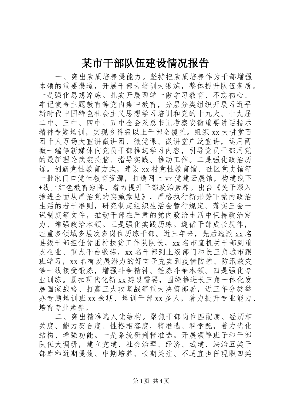 某市干部队伍建设情况报告_第1页