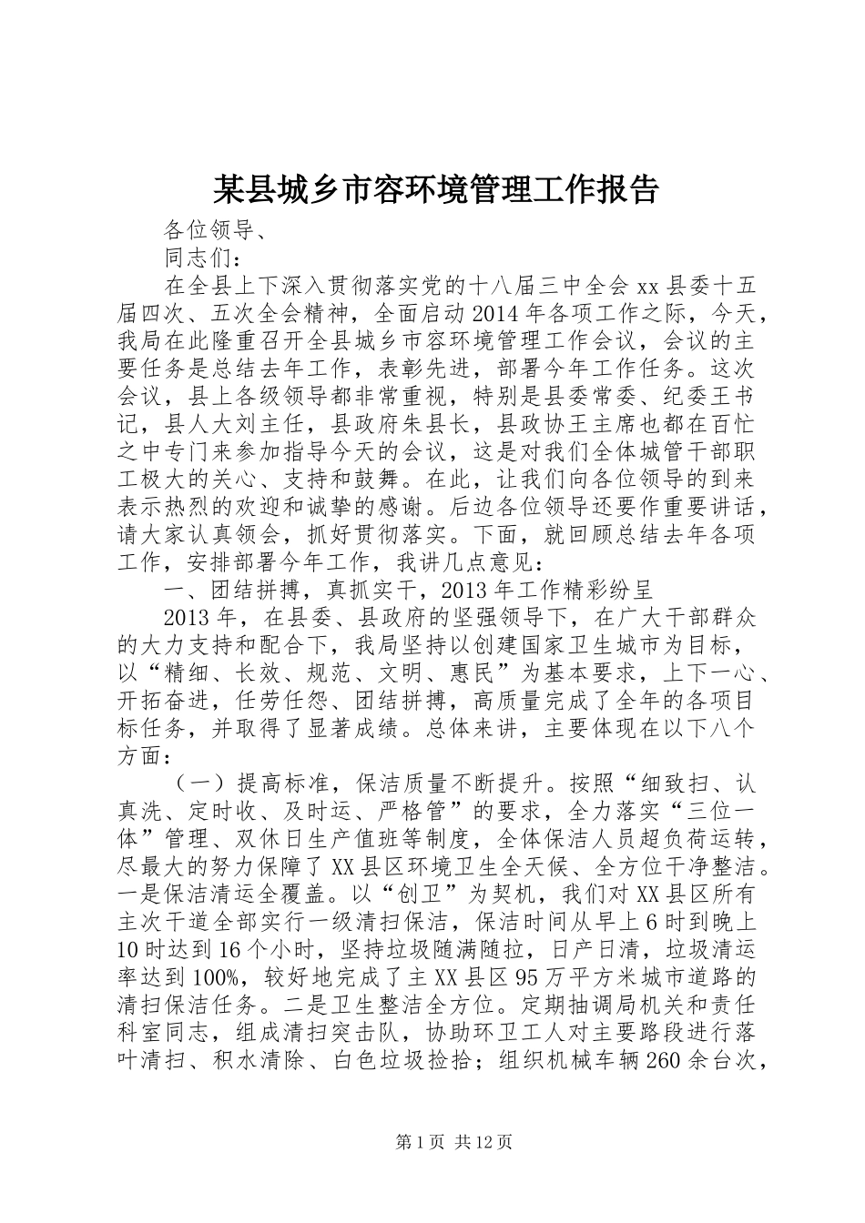 某县城乡市容环境管理工作报告_第1页