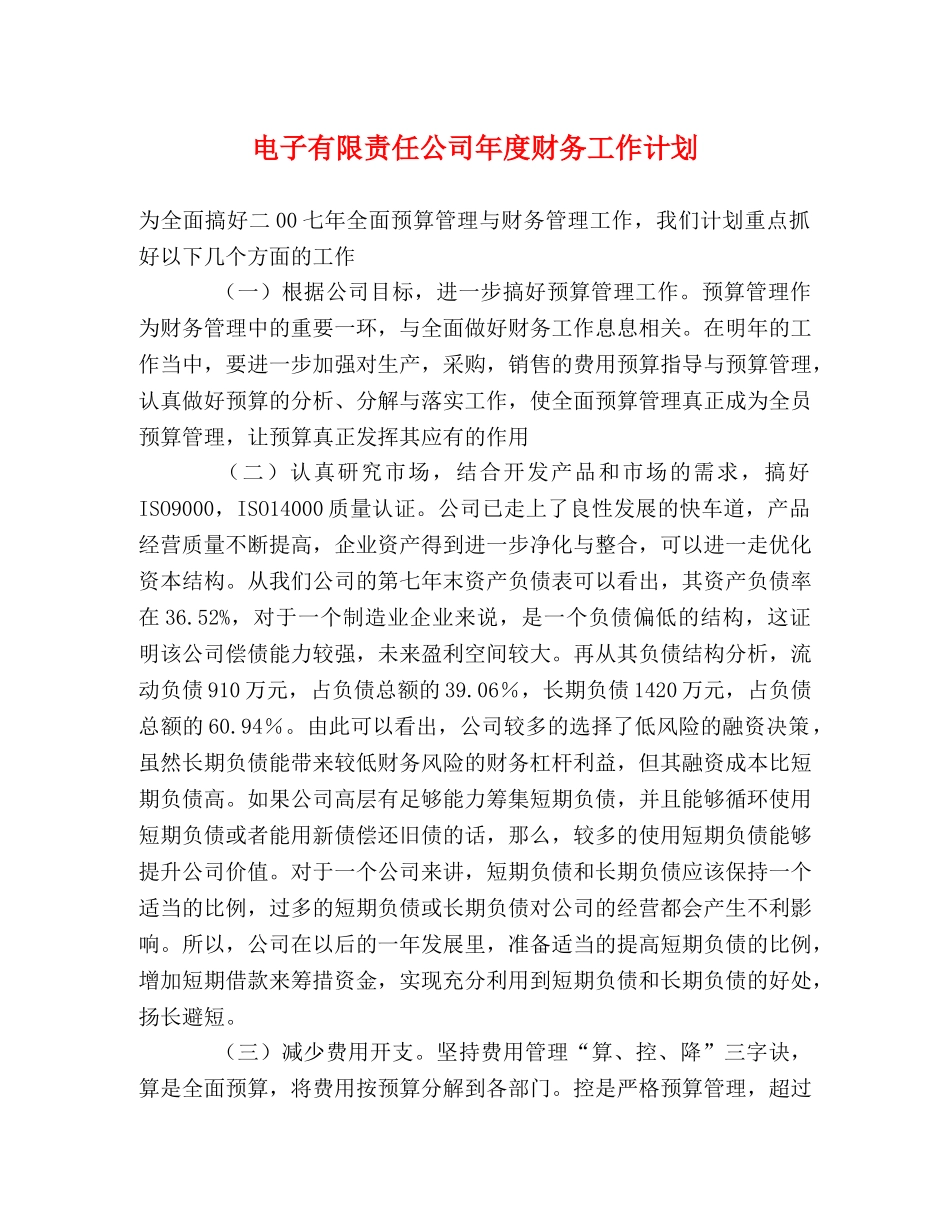 电子有限责任公司年度财务工作计划 _第1页