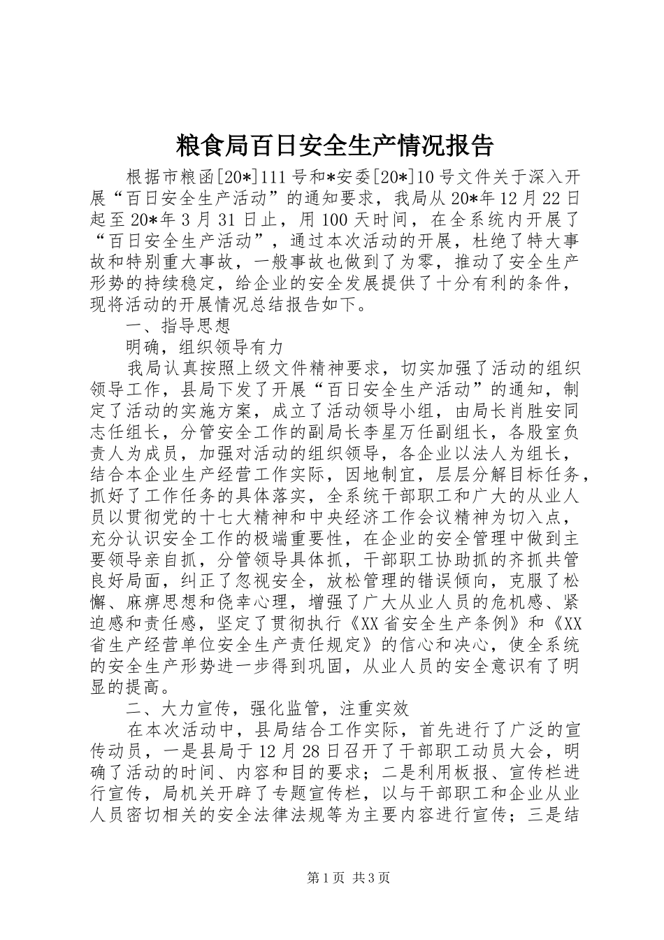 粮食局百日安全生产情况报告_第1页
