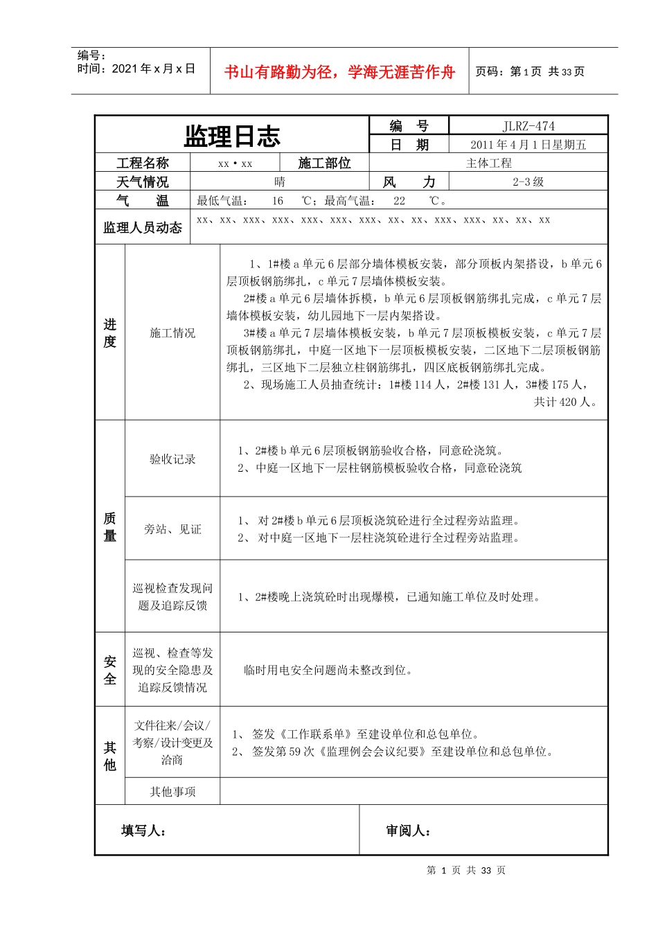 厦门某住宅小区监理日志(共30篇)_第1页
