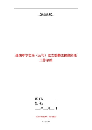 县烟草专卖局党支部整改提高阶段工作总结