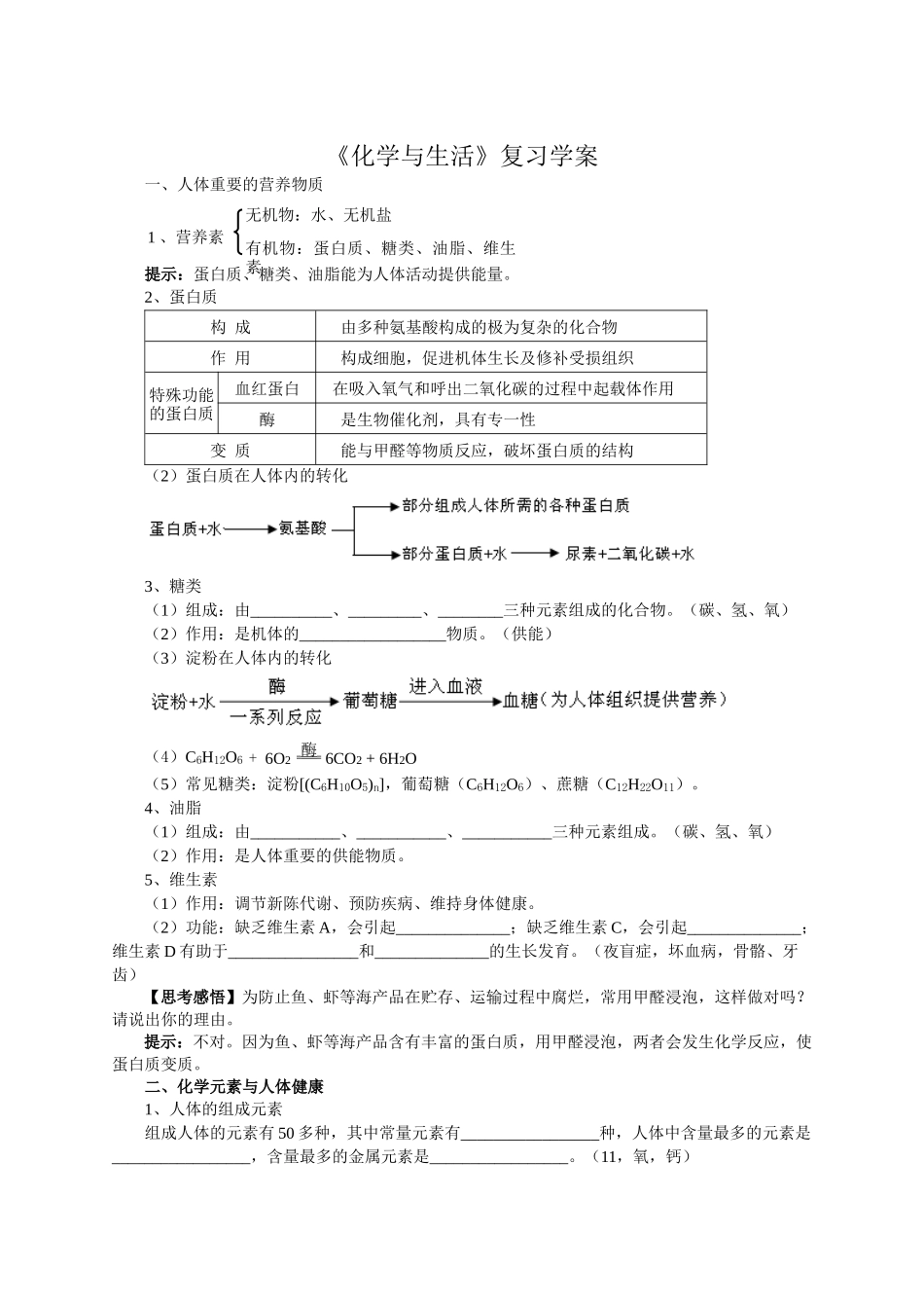 中考化学一轮复习《化学与生活》复习学案_第1页