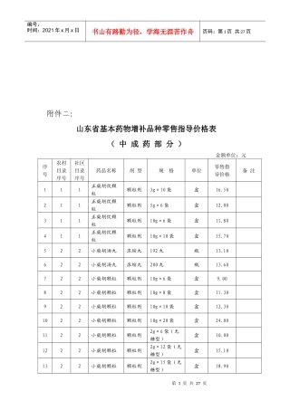 山东省基本药物增补品种零售指导价格表汇编
