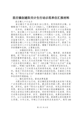 苗庄镇创建阳关计生行动示范单位汇报材料