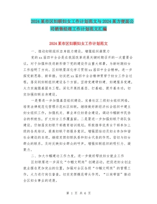 2024某市区妇联妇女工作计划范文与2024某方便面公司销售经理工作计划范文汇编