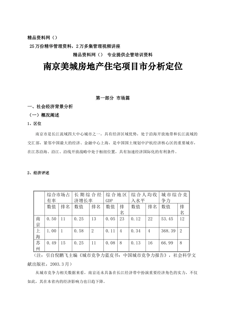 南京美城房地产住宅项目市分析定位(1)_第1页