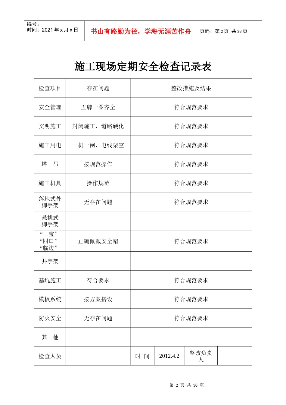 施工现场定期安全检查记录表_第2页