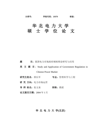 我国电力市场政府规制理论研究与应用