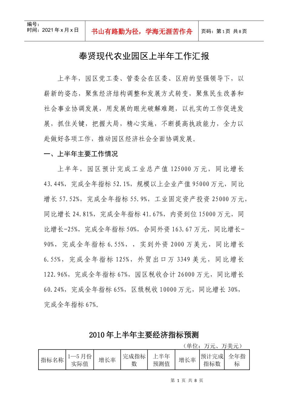 奉贤现代农业园区上半年工作汇报_第1页