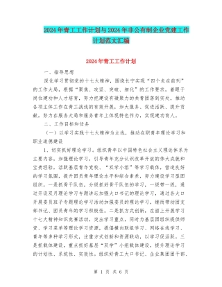 2024年青工工作计划与2024年非公有制企业党建工作计划范文汇编