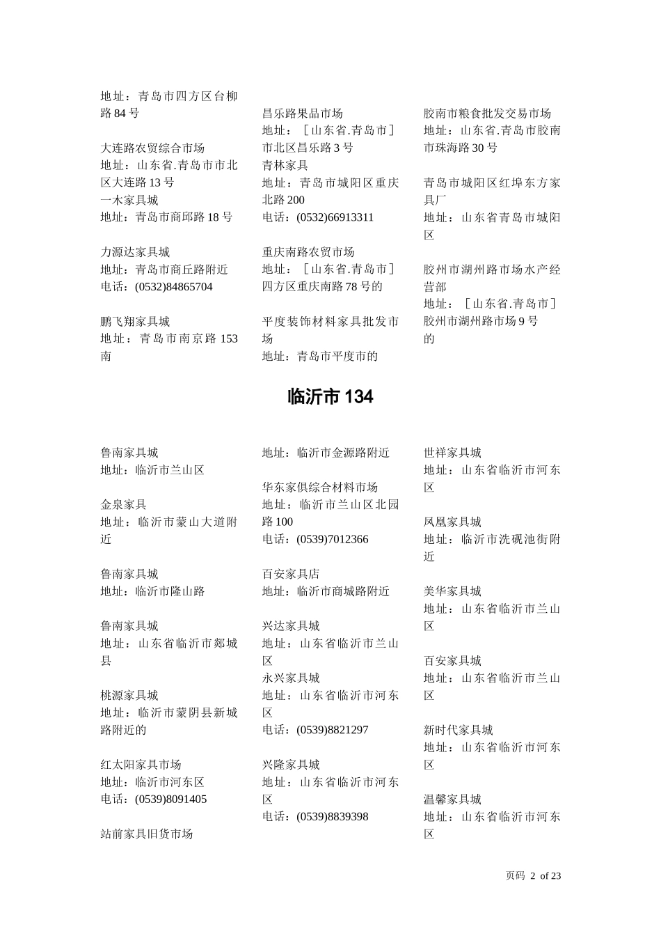 山东省家具城汇总 免费文档_第2页