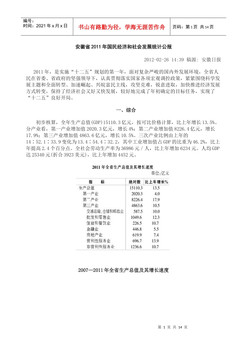安徽省XXXX年国民经济和社会发展统计公报_第1页