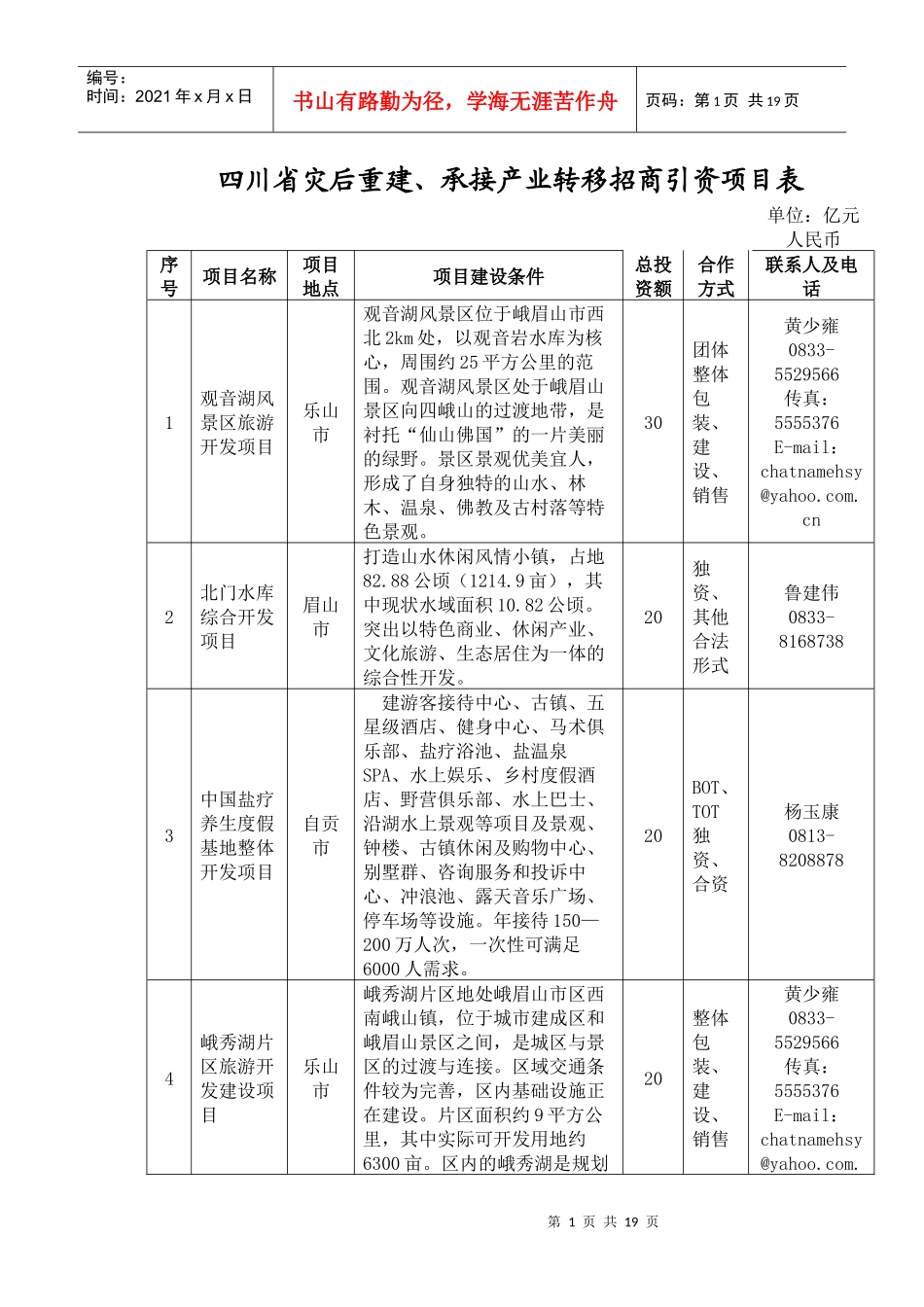 四川省灾后重建、承接产业转移招商引资项目表(文化旅游)doc_第1页
