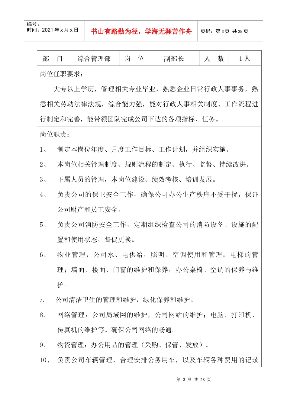 安徽XX通信有限公司综合管理部岗位职责_第3页