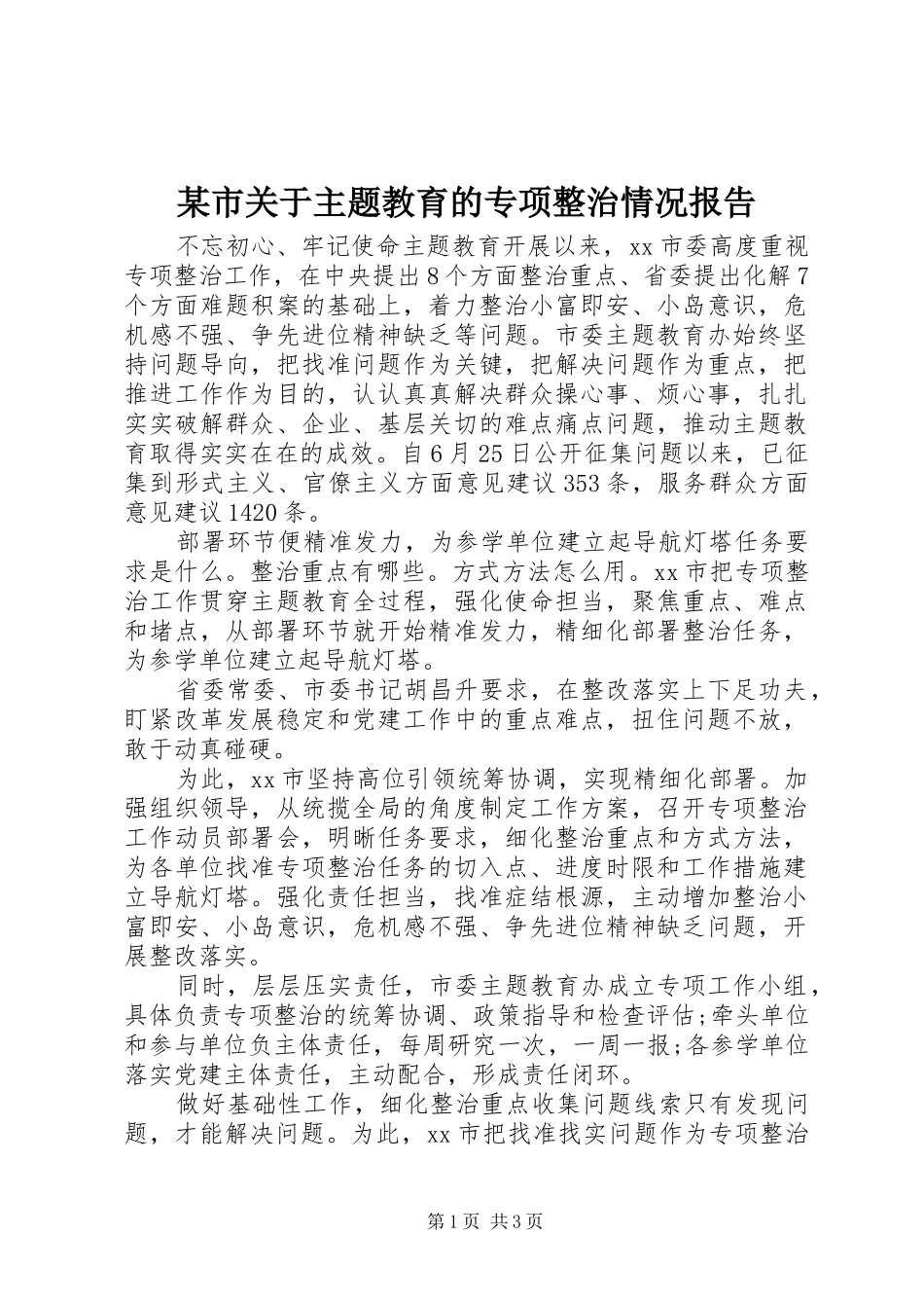 某市关于主题教育的专项整治情况报告_第1页
