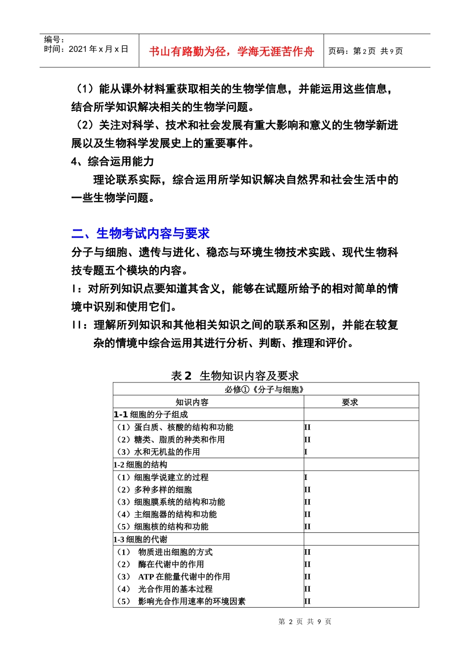 对XXXX年广东理科综合生物考试大纲说明的理解_第2页