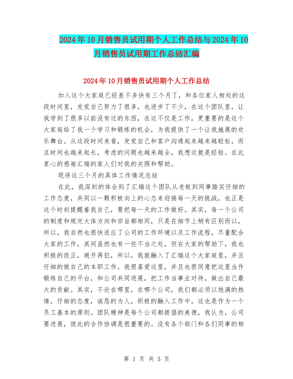 2024年10月销售员试用期个人工作总结与2024年10月销售员试用期工作总结汇编_第1页