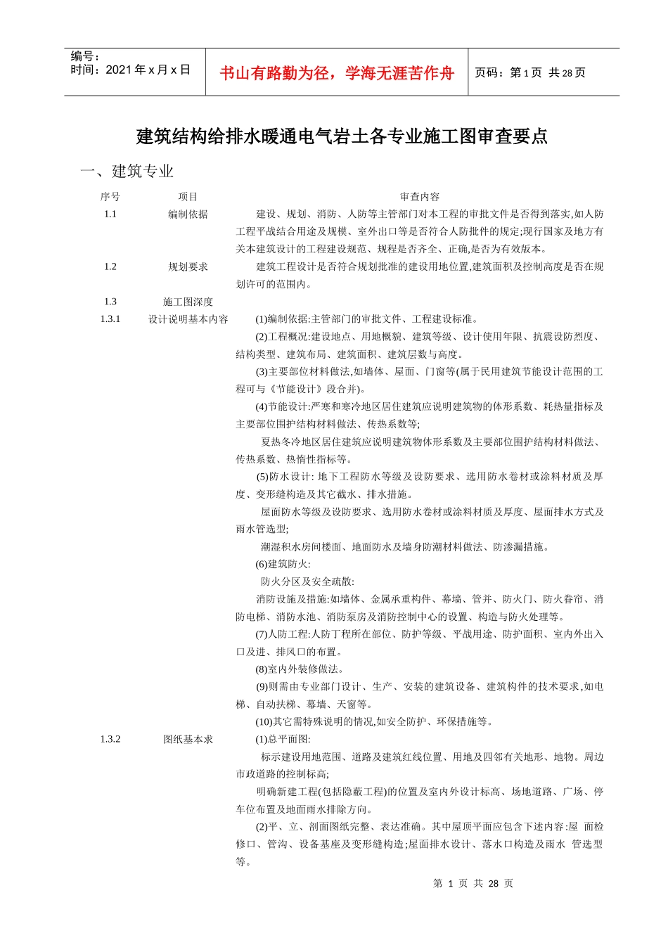 建筑结构给排水暖通电气岩土各专业施工图审查要点_第1页