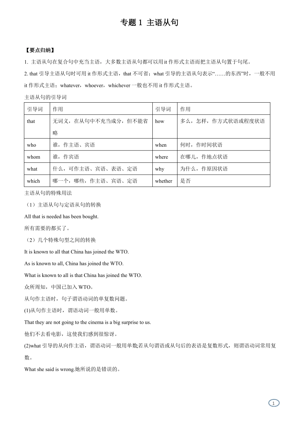 高三英语寒假能量包——专题练习1主语从句含答案_第1页