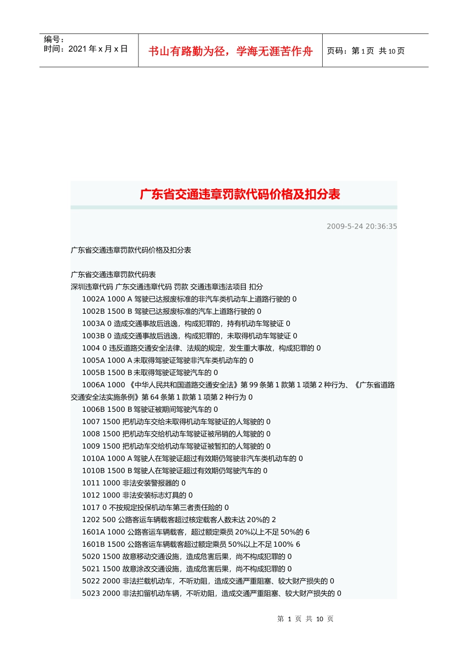 广东省交通违章罚款代码价格与扣分_第1页