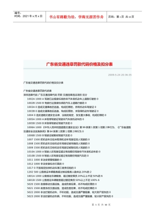广东省交通违章罚款代码价格与扣分