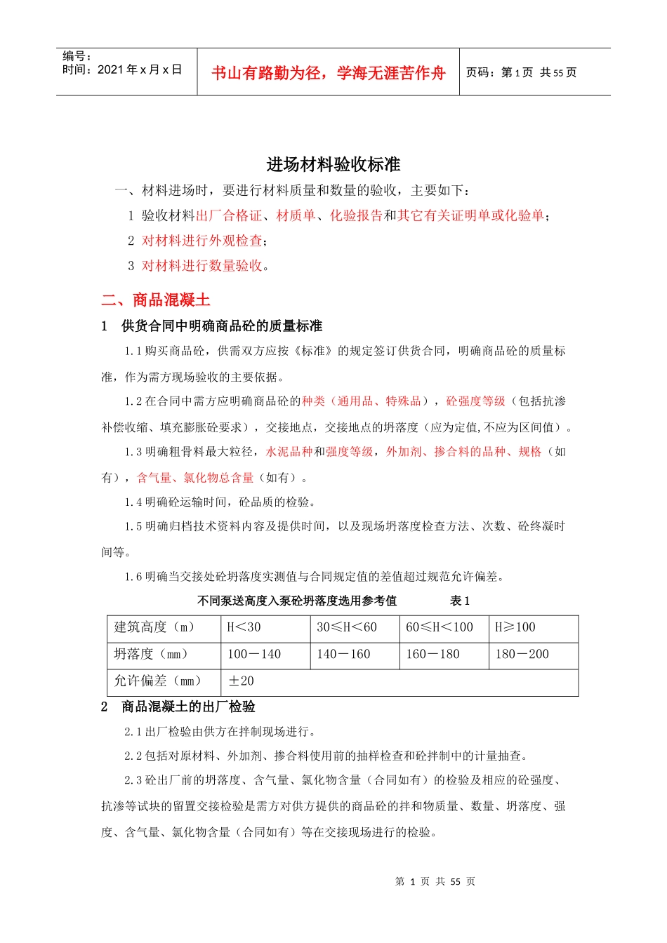 建筑材料标准(土建、装修)进场材料验收标准XXXX1212_第1页