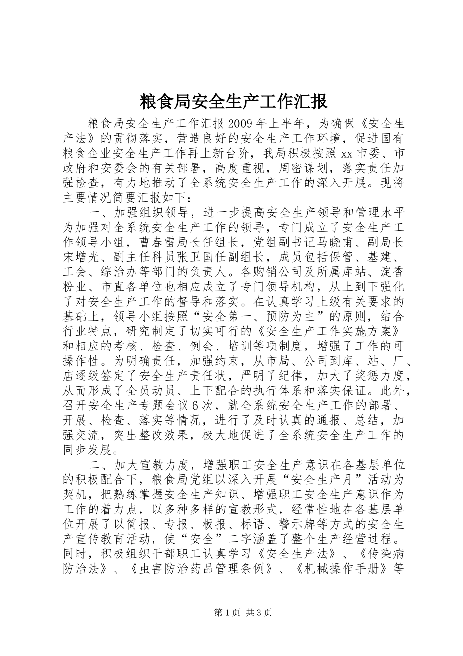 粮食局安全生产工作汇报_第1页
