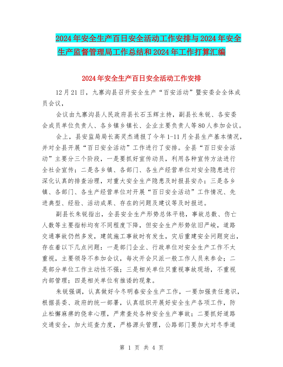 2024年安全生产百日安全活动工作安排与2024年安全生产监督管理局工作总结和2024年工作打算汇编_第1页