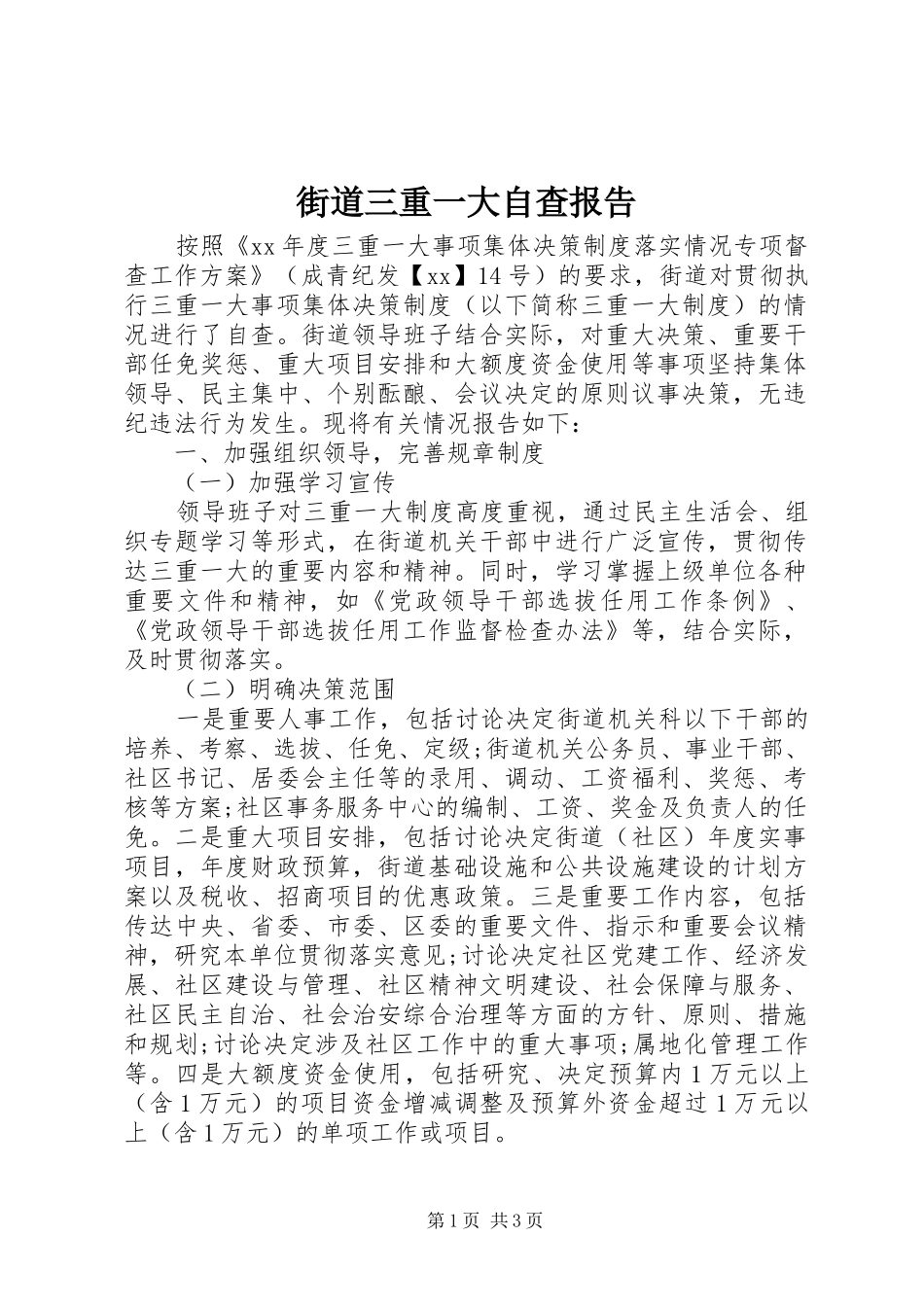 街道三重一大自查报告_第1页