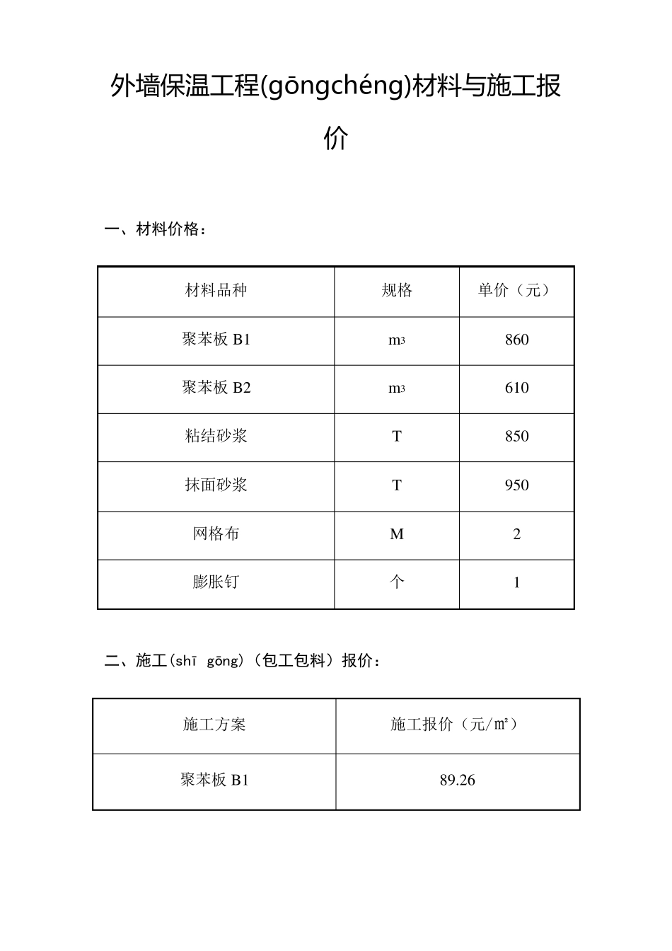 外墙保温工程材料与施工报价_第1页