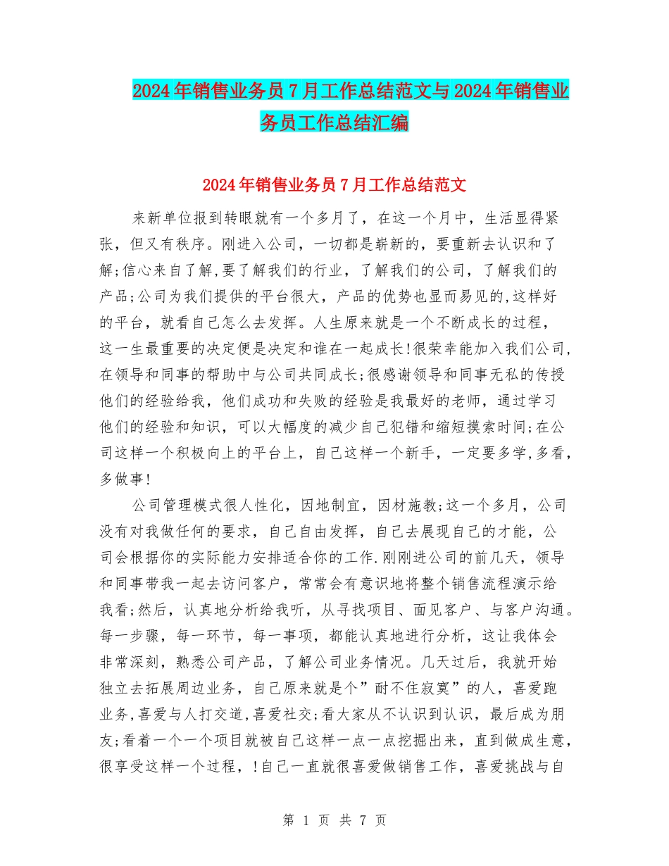 2024年销售业务员7月工作总结范文与2024年销售业务员工作总结汇编_第1页