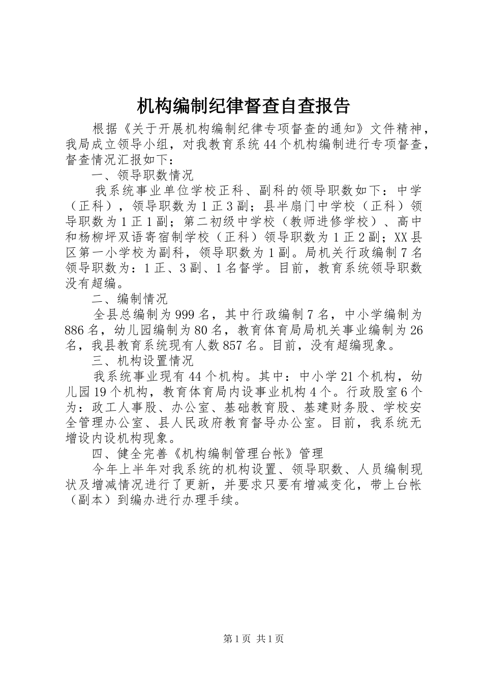 机构编制纪律督查自查报告_第1页