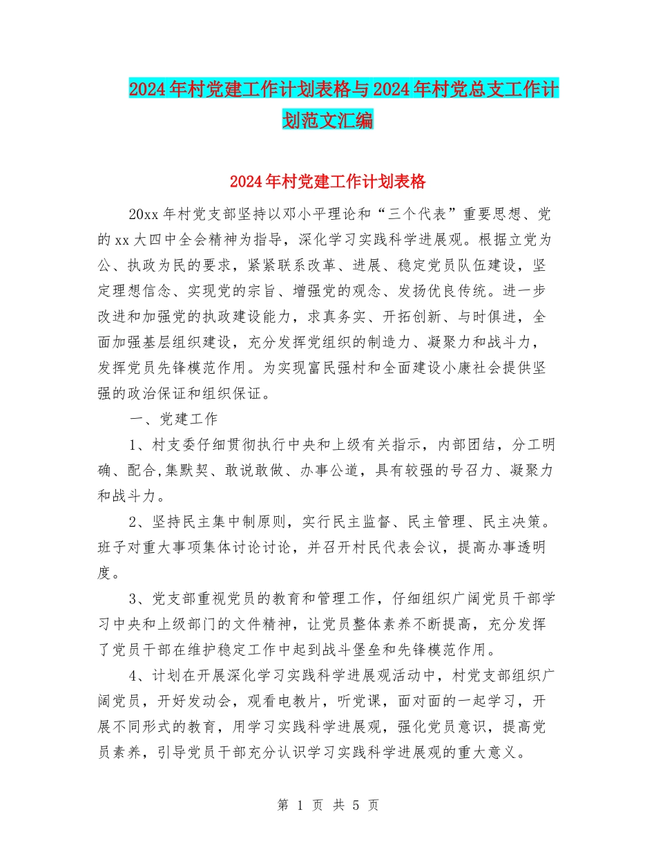 2024年村党建工作计划表格与2024年村党总支工作计划范文汇编_第1页