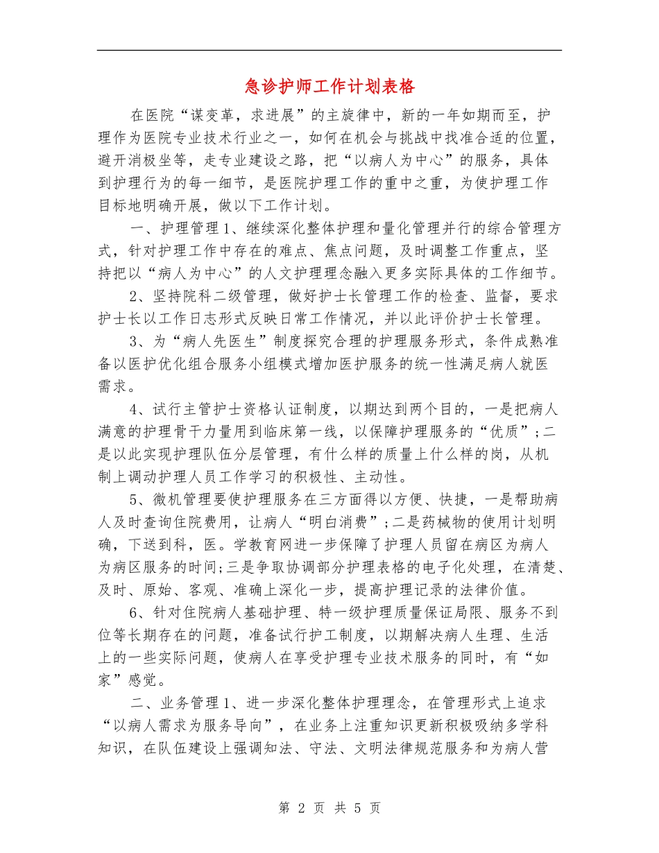 急诊护师工作计划表格_第2页