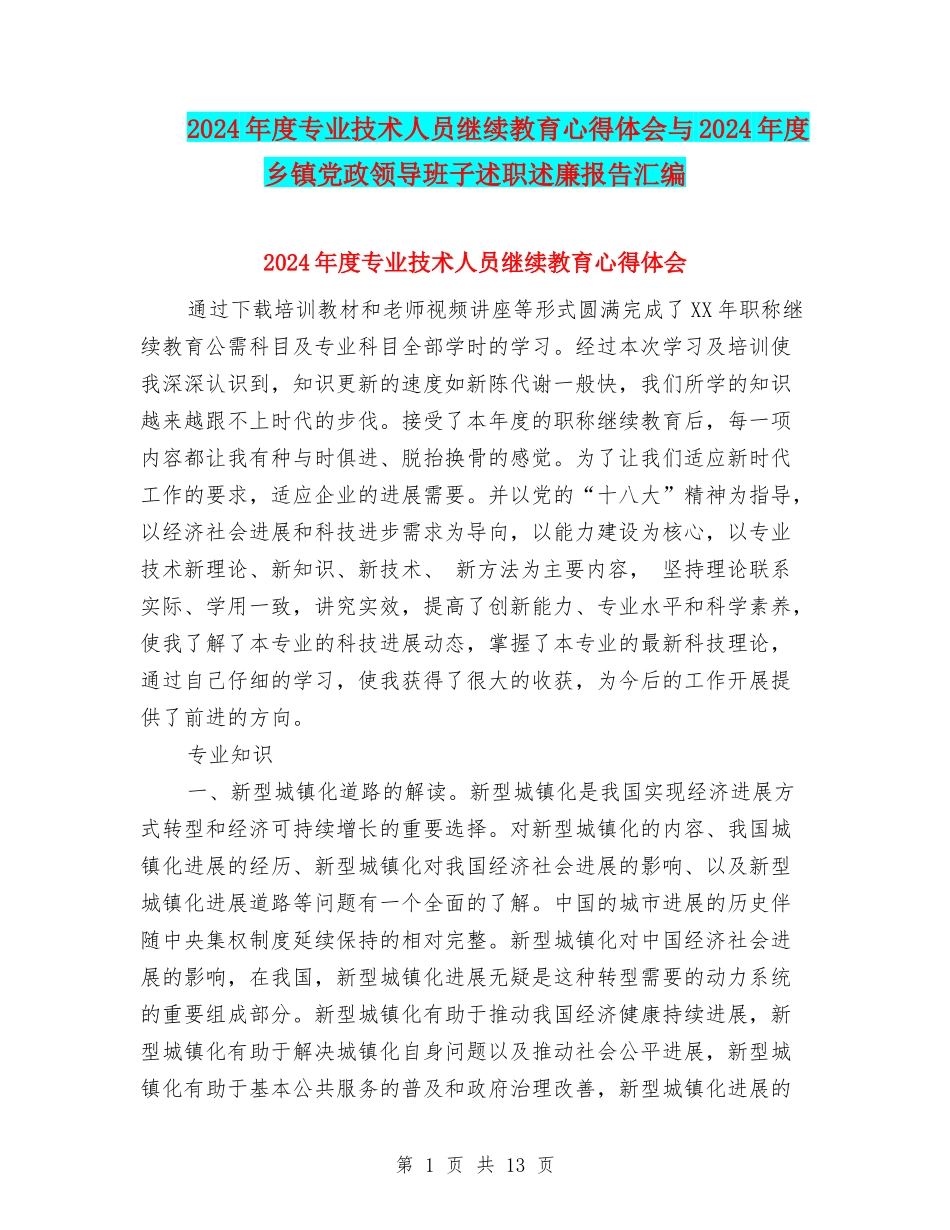 2024年度专业技术人员继续教育心得体会与2024年度乡镇党政领导班子述职述廉报告汇编_第1页